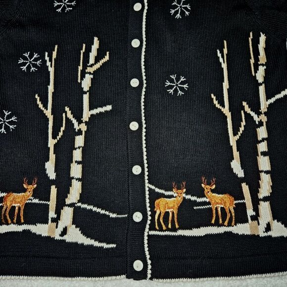 Terazzo Deer in Forest Black White Knit Button Front Christmas Cardigan Sweater - Picture 5 of 9